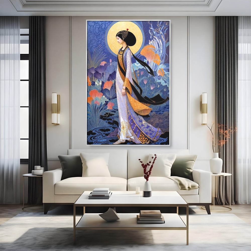 Tablou canvas cu tablou canvas cu regina in stil art nouveau, in rama de aluminiu argintiu, pe perete intr-un living